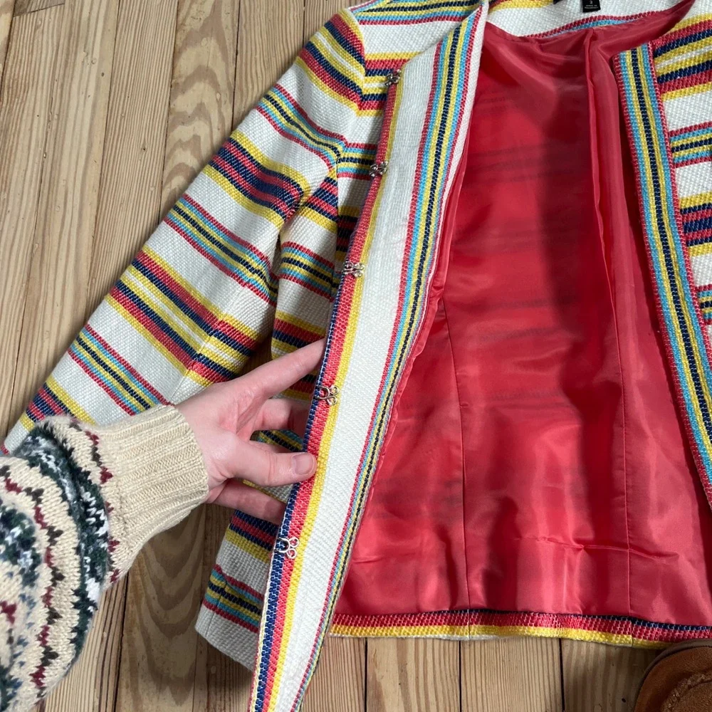 Talbots Women Colorful Striped Blazer Jacket Preppy Business Collarless Size‎ 2